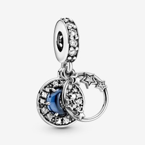 Pandora Blue Night Sky Crescent Moon & Stars Dangle Charm Sterling Silver | 092JNRAFH