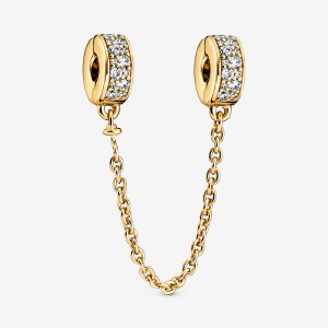 Pandora Clear Pavé Safety Chain Clip Charm Gold Plated | 279GLVWNA