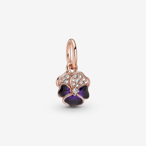 Pandora Deep Purple Pansy Flower Dangle Charm Rose Gold Plated | 172KYGQMT