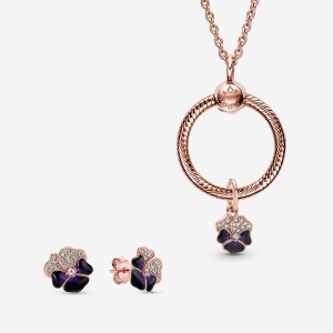 Pandora Deep Purple Pansy Flower Pendant Necklace and Earring Set | 270HXCGRK