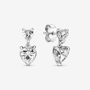 Pandora Double Heart Sparkling Stud Earrings Sterling Silver | 804NYKTPW