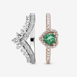 Pandora Green Heart Princess Wishbone Stacking Ring Set | 540CLPIYO