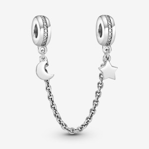 Pandora Half Moon and Star Safety Chain Charm Sterling Silver | 639QDBJUR