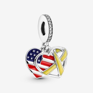 Pandora Heart, Flag & Remembrance Ribbon Double Dangle Charm Sterling Silver | 051FDSBCA