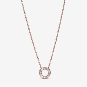 Pandora Logo Pavé Circle Collier Necklace Rose Gold Plated | 853IXZPNF