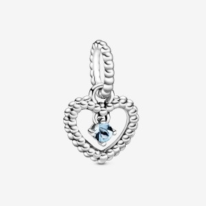 Pandora March Aqua Blue Beaded Heart Dangle Charm Sterling Silver | 478AEWQHP