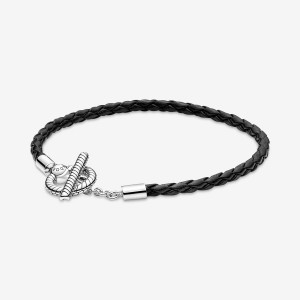 Pandora Moments Braided Leather T-bar Bracelet Sterling Silver | 586GYDBFV