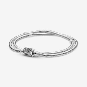 Pandora Moments Double Wrap Barrel Clasp Snake Chain Bracelet/Necklace Sterling Silver | 806SBQNFY