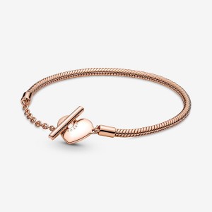 Pandora Moments Heart T-Bar Snake Chain Bracelet Rose Gold Plated | 210UJONTK