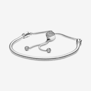 Pandora Moments Pavé Heart Clasp Snake Chain Slider Bracelet Sterling Silver | 056SIKGAW