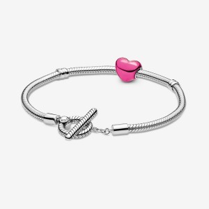 Pandora Moments Pink Heart & T-Bar Bracelet Gift Set Sterling Silver | 305XROUWA