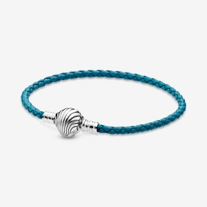 Pandora Moments Seashell Clasp Turquoise Braided Leather Bracelet Sterling Silver | 103AIMVKW