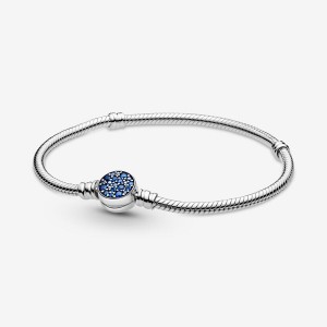 Pandora Moments Sparkling Blue Disc Clasp Snake Chain Bracelet Sterling Silver | 193QAKTOZ