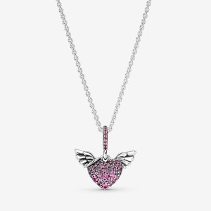 Pandora Pavé Heart & Angel Wings Necklace Sterling Silver | 942KMYQAE