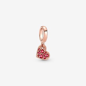 Pandora Red Pavé Tilted Heart Dangle Charm Rose Gold Plated | 576JKAODB