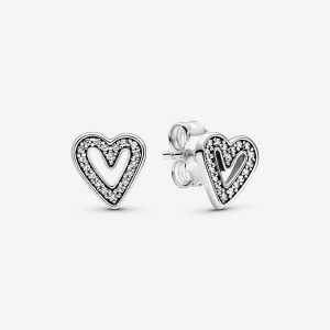 Pandora Sparkling Freehand Heart Stud Earrings Sterling Silver | 507SATPFL