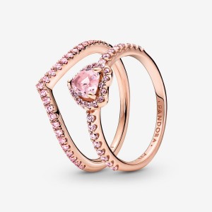 Pandora Sparkling Pink Heart Wishbone Ring Set | 519DZCTFI