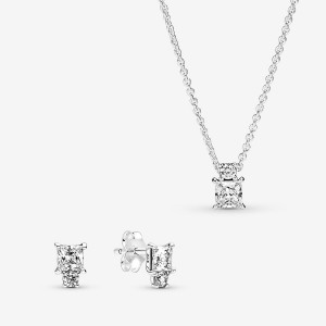 Pandora Sparkling Round & Square Necklace and Earring Set | 674ZBROXY