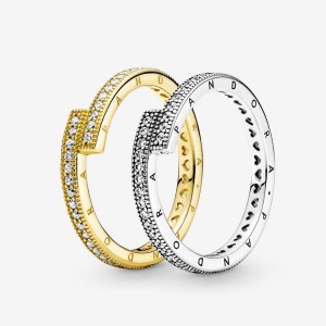 Pandora Sparkling Signature Duo Stacking Ring Set | 712EYVJTM