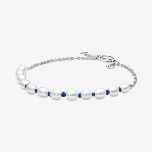 Pandora Treated Freshwater Cultured Pearl Blue Cord Chain Bracelet Sterling Silver | 965MDNVFL