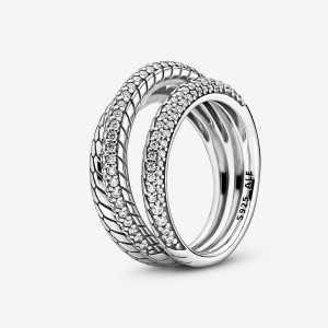 Pandora Triple Band Pavé Snake Chain Pattern Ring Sterling Silver | 627XQDSHY