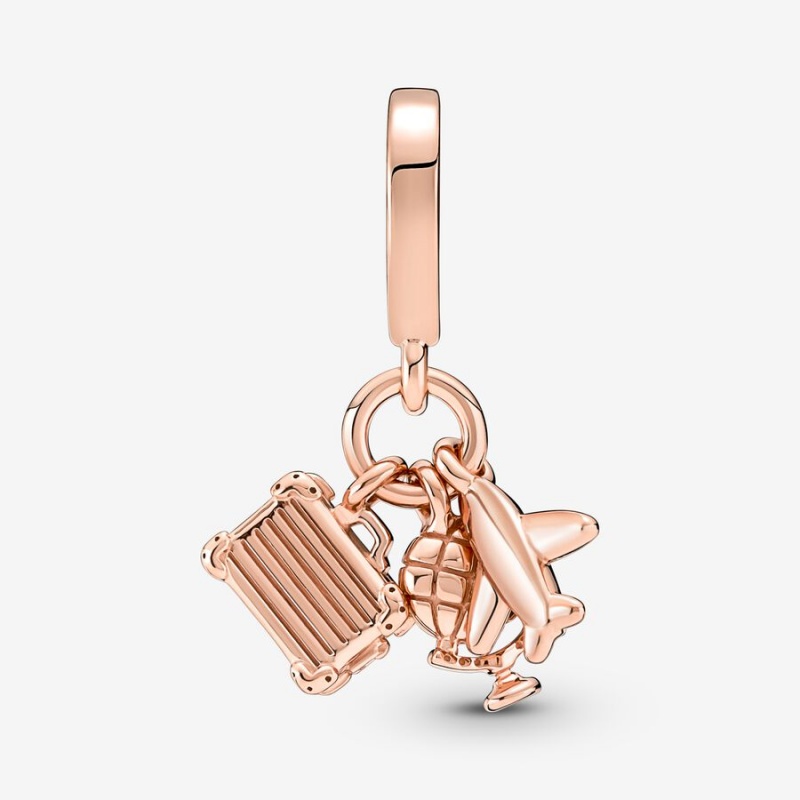 Pandora Airplane, Globe & Suitcase Triple Dangle Charm Rose Gold Plated | 713CPSAKI