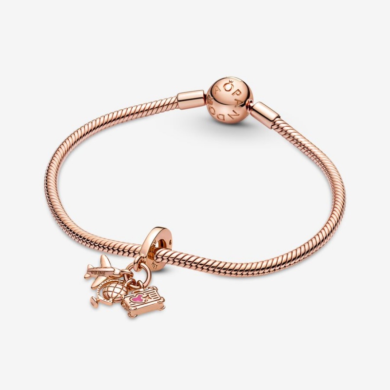 Pandora Airplane, Globe & Suitcase Triple Dangle Charm Rose Gold Plated | 713CPSAKI