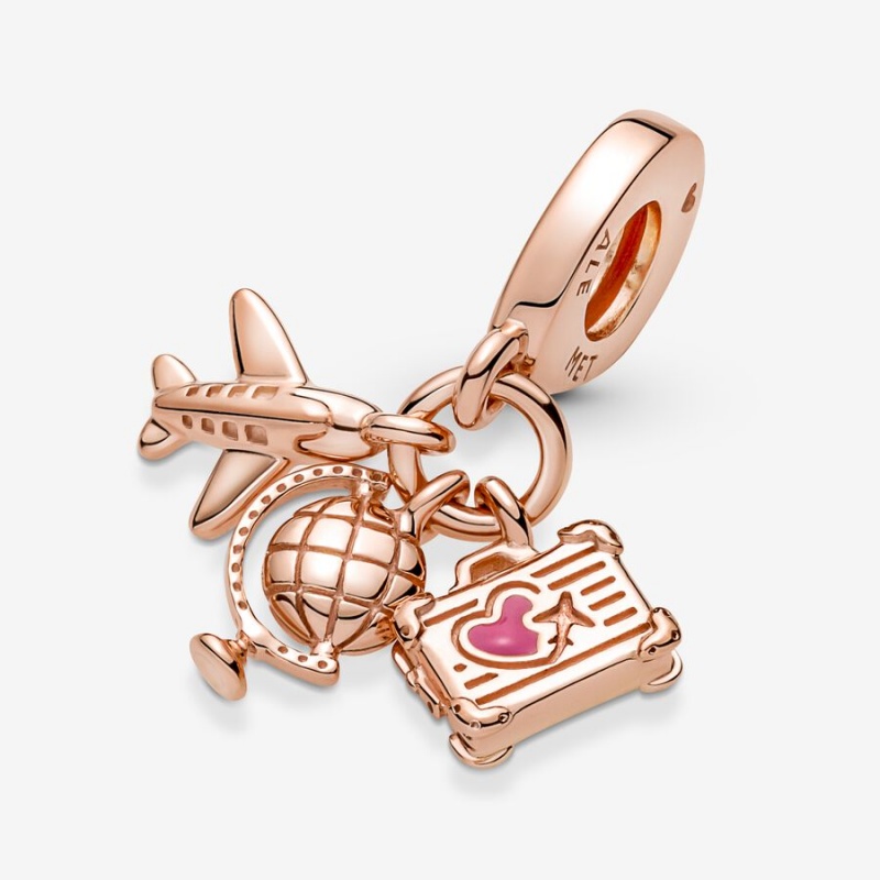 Pandora Airplane, Globe & Suitcase Triple Dangle Charm Rose Gold Plated | 713CPSAKI