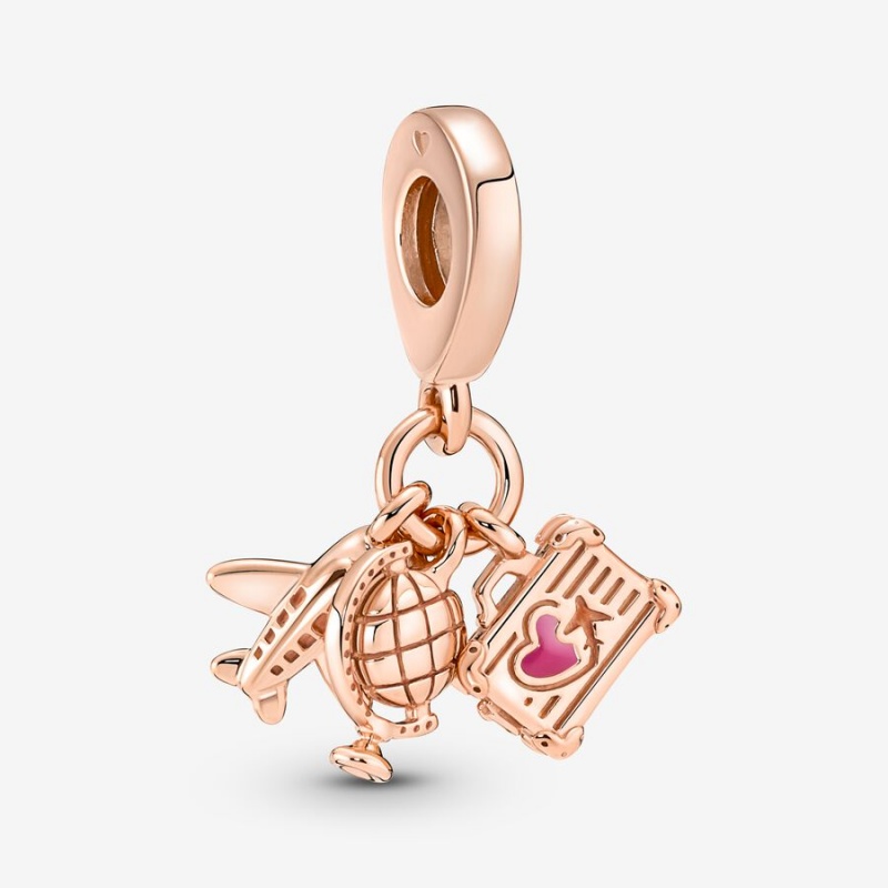 Pandora Airplane, Globe & Suitcase Triple Dangle Charm Rose Gold Plated | 713CPSAKI