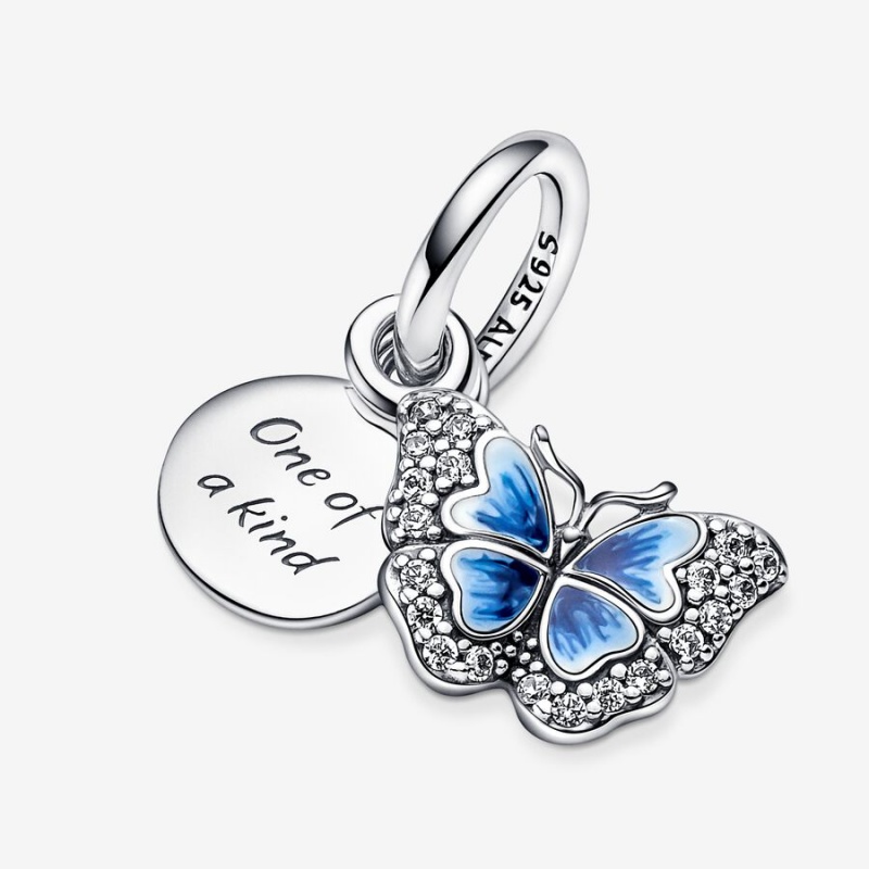 Pandora Blue Butterfly & Quote Double Dangle Charm Sterling Silver | 308XFJIWT