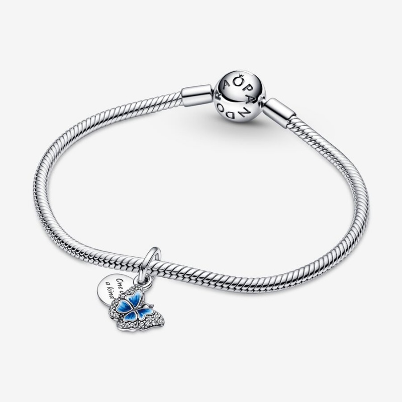 Pandora Blue Butterfly & Quote Double Dangle Charm Sterling Silver | 308XFJIWT