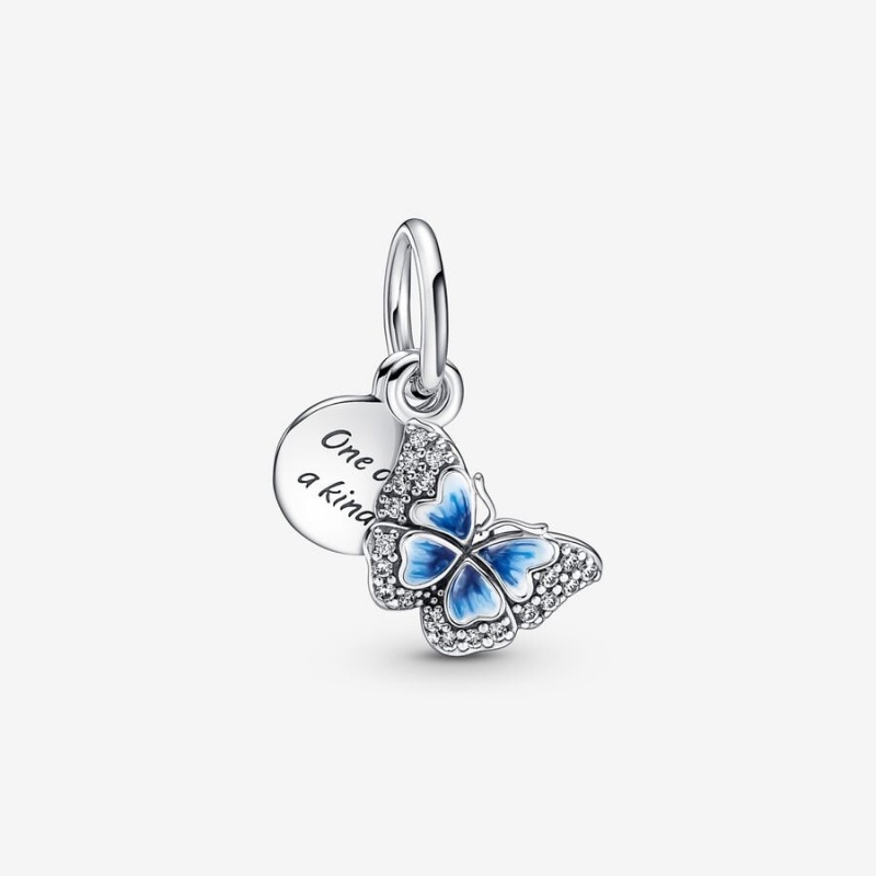 Pandora Blue Butterfly & Quote Double Dangle Charm Sterling Silver | 308XFJIWT