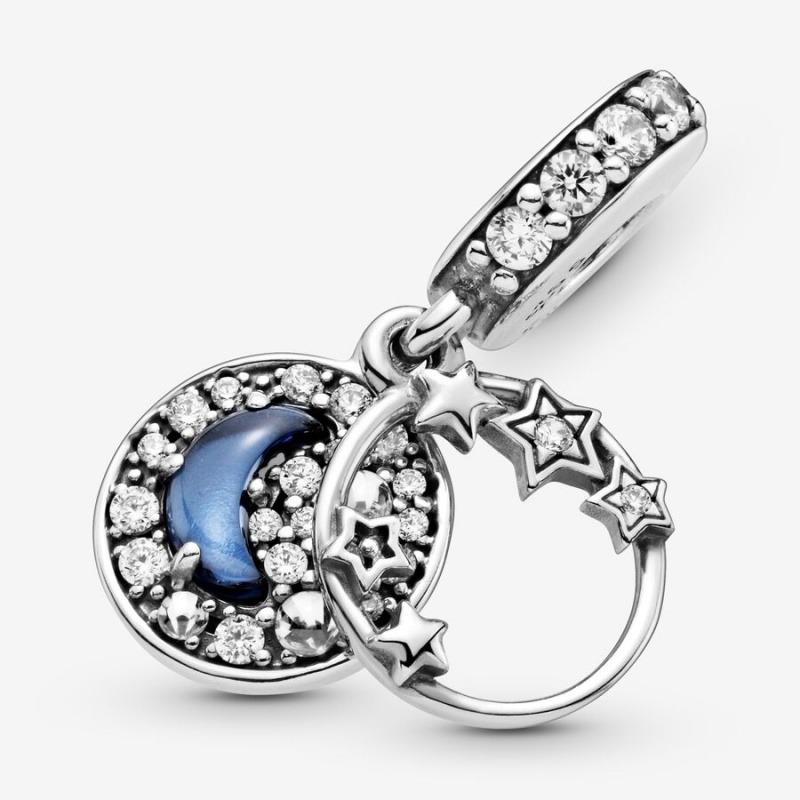 Pandora Blue Night Sky Crescent Moon & Stars Dangle Charm Sterling Silver | 092JNRAFH