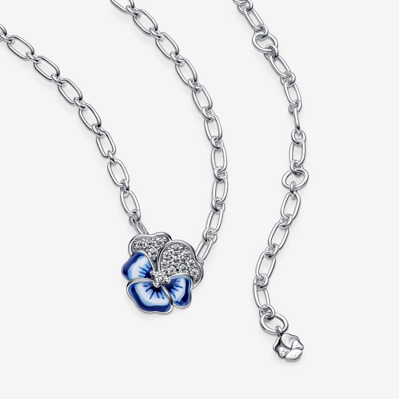 Pandora Blue Pansy Flower Pendant Necklace Sterling Silver | 235IAFWRS