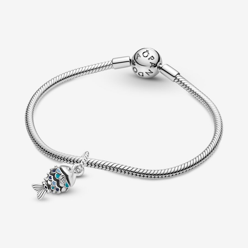 Pandora Blue Scaled Fish Dangle Charm Sterling Silver | 571EDZAFW