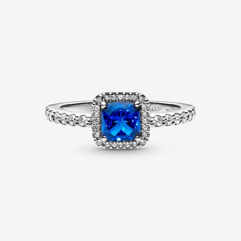 Pandora Blue Square Sparkle Halo Ring Sterling Silver | 157ZMNLFX