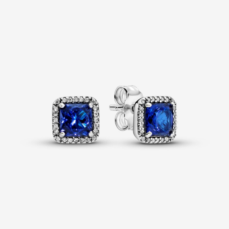 Pandora Blue Square Sparkle Halo Stud Earrings Sterling Silver | 473JQNAEK