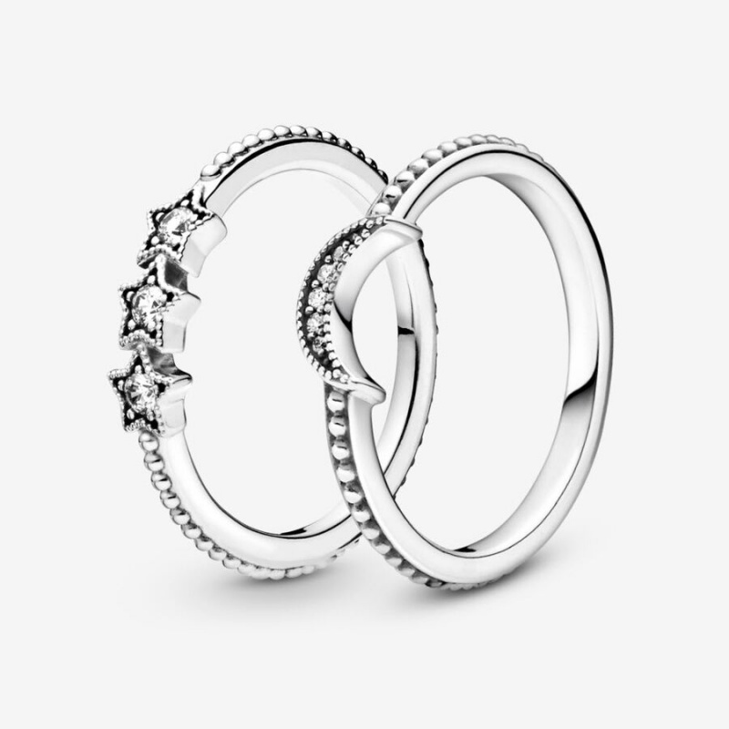 Pandora Celestial Moon & Stars Ring Set Sterling Silver | 816QYMCUB