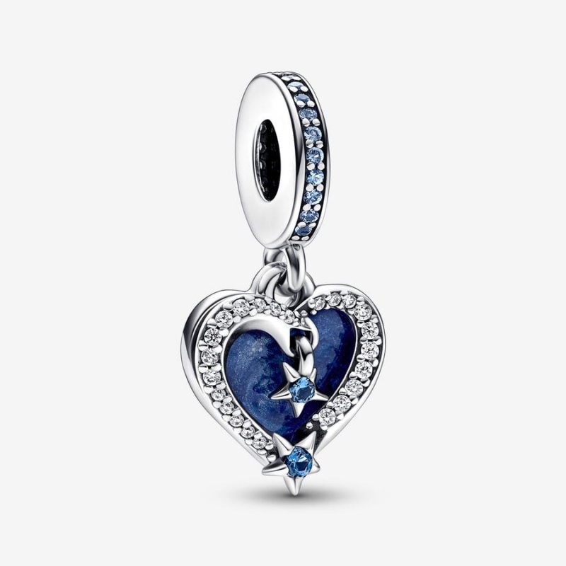 Pandora Celestial Shooting Star Heart Double Dangle Charm Sterling Silver | 496XVOTRJ