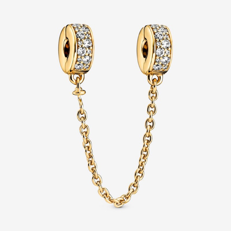 Pandora Clear Pavé Safety Chain Clip Charm Gold Plated | 279GLVWNA