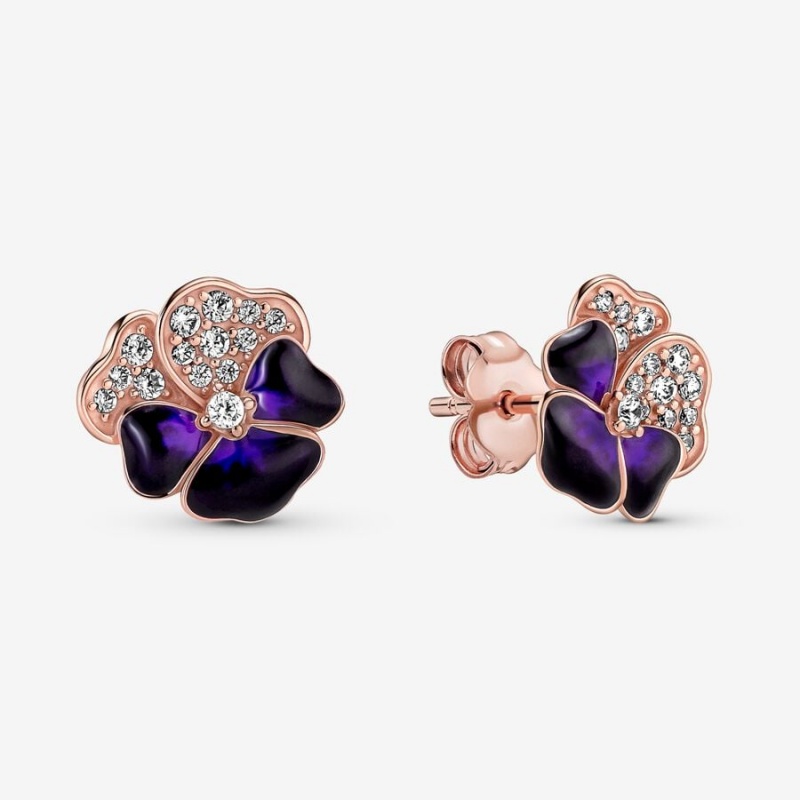 Pandora Deep Purple Pansy Flower Stud Earrings Rose Gold Plated | 129TYLFUH