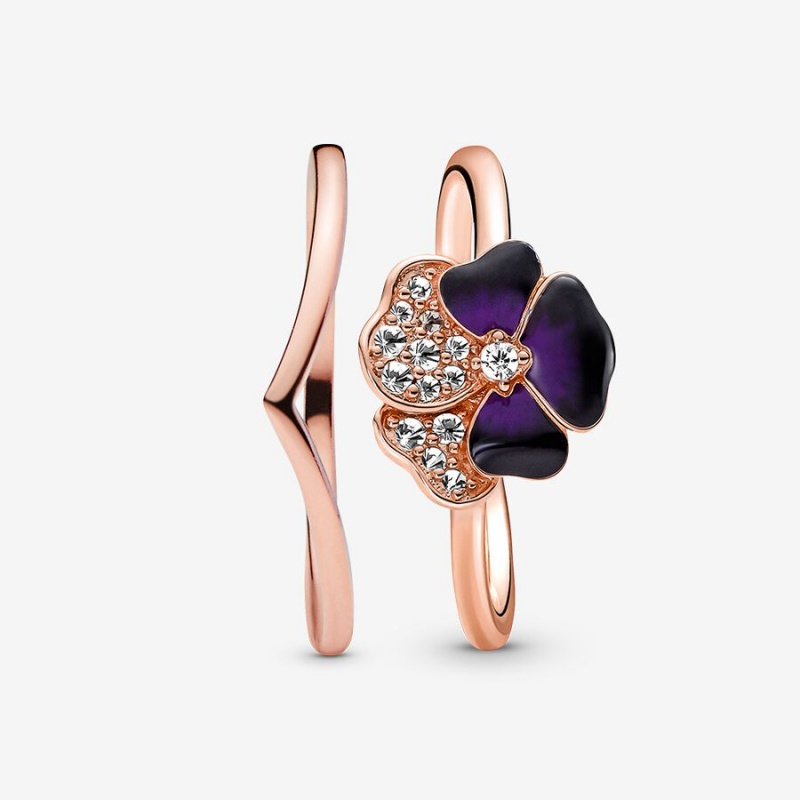 Pandora Deep Purple Pansy Flower Wishbone Ring Set | 758QGHRYN