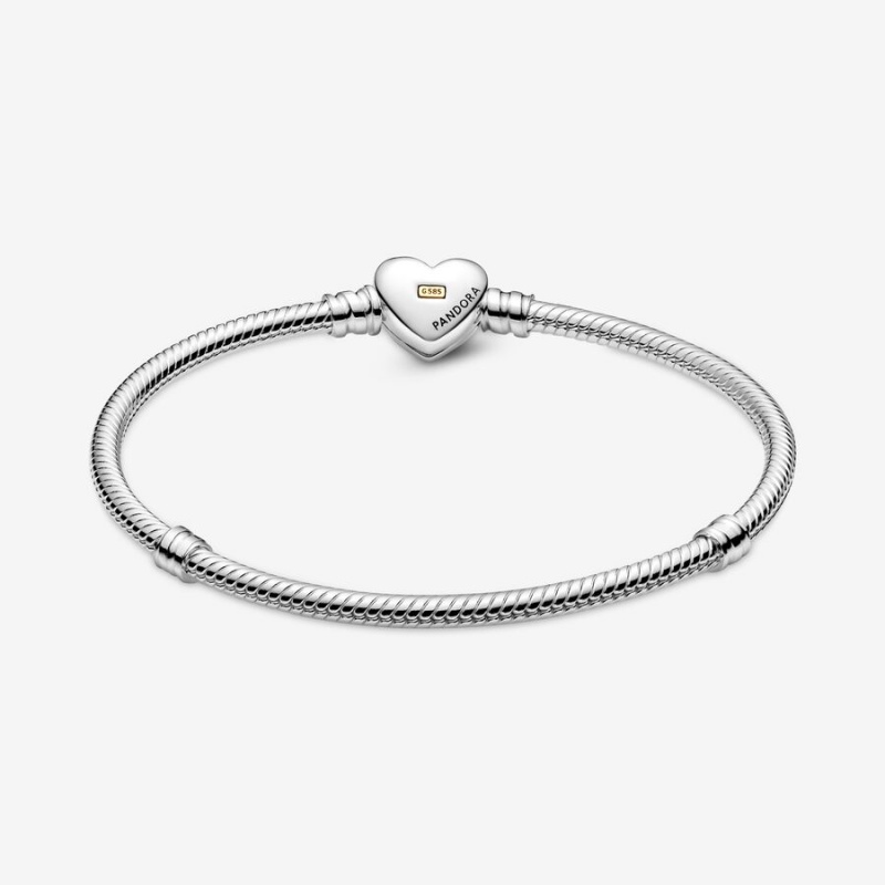 Pandora Domed Golden Heart Clasp Snake Chain Bracelet Two-tone | 971SMHCAN