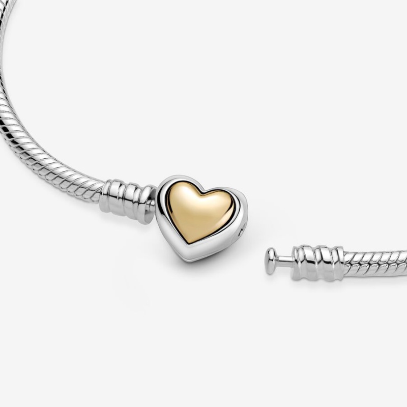 Pandora Domed Golden Heart Clasp Snake Chain Bracelet Two-tone | 971SMHCAN