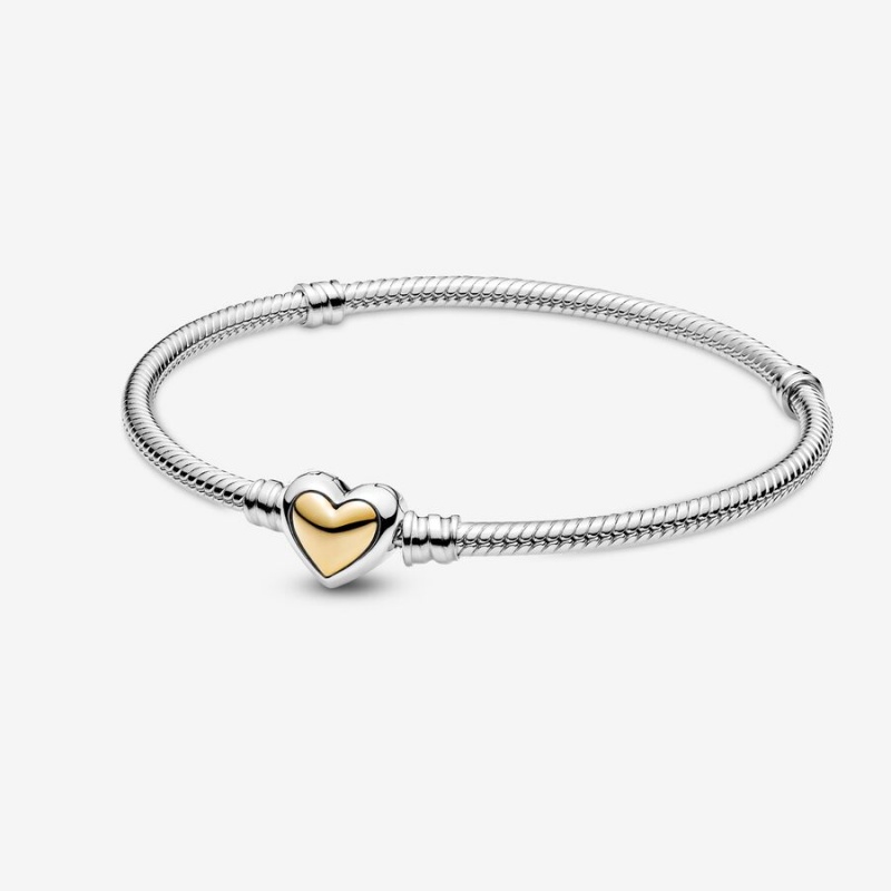 Pandora Domed Golden Heart Clasp Snake Chain Bracelet Two-tone | 971SMHCAN