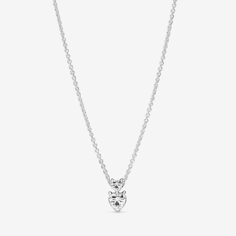 Pandora Double Heart Pendant Sparkling Collier Necklace Sterling Silver | 012BXVYFN