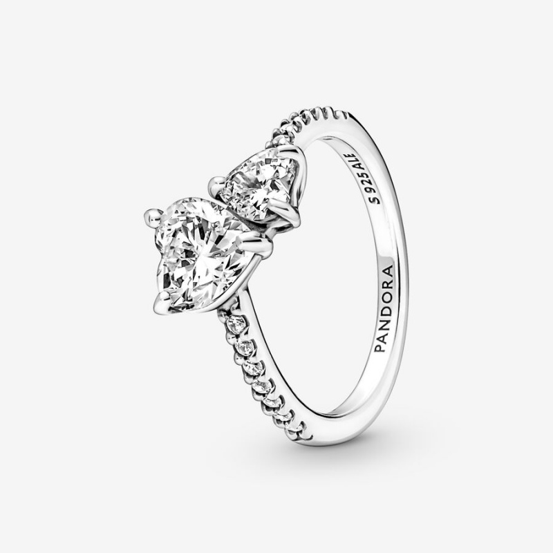 Pandora Double Heart Sparkling Ring Sterling Silver | 521MDCBEY