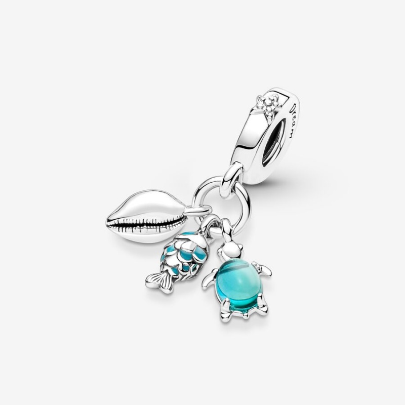 Pandora Fish, Sea Turtle & Conch Triple Dangle Charm Sterling Silver | 904VHLCND