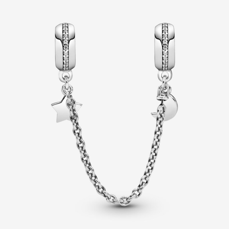 Pandora Half Moon and Star Safety Chain Charm Sterling Silver | 639QDBJUR