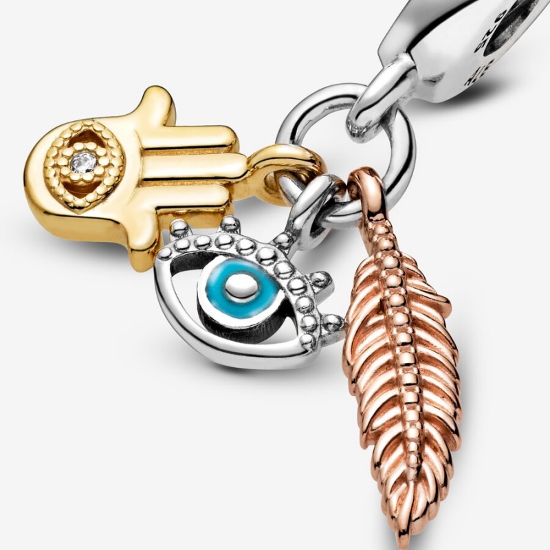 Pandora Hamsa, All-seeing Eye & Feather Spirituality Dangle Charm Tri-tone | 972WSNVOU